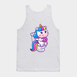 Cute Unicorn Eating Donut In Toilet Cartoon Tank Top